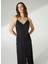 V Yaka Düz Siyah Maksi Kadın Elbise Apel 4