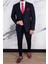 Erkek Slim Fit Sivri Yaka Koyu Lacivert Yelekli Takım Elbise 1