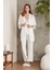 2820 Kadın Penye Dantelli Sabahlıklı Pijama Takım-Ekru 2