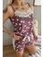 Mor Benek Papatya Dantel Detaylı Ip Askı Şortlu Örme Pijama Takımı 4