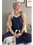 Lacivert Yaprak Dantelli Ip Askılı Örme Kadın Pijama Takımı 1
