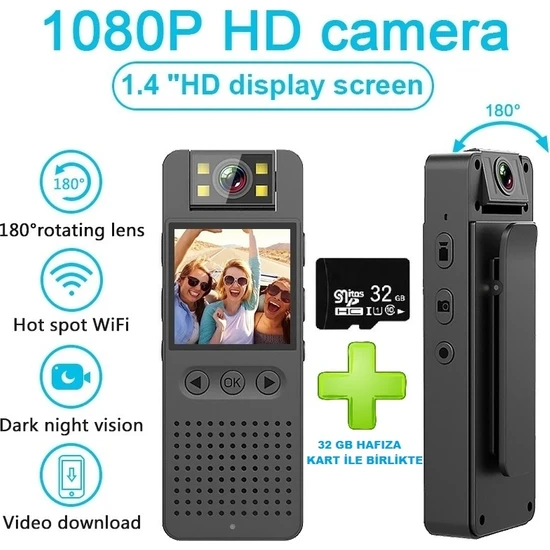 Kalite Hd 1080 Wifi Vücut Kamerası + 32GB Hafıza Kart Ile Birlikte (Gece Görüşlü Video ve Ses Kaydedici )