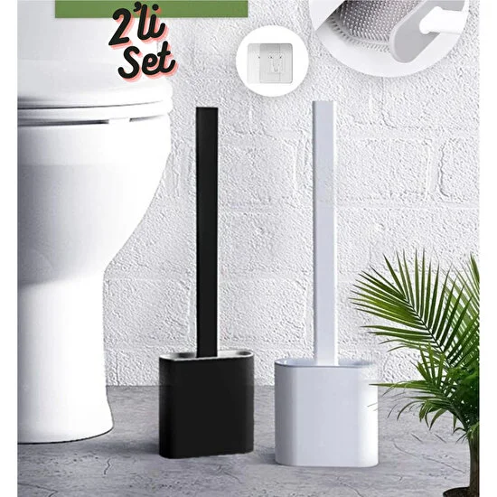 Trustmoda Pratik&hijyenik 2'li Set Beyaz ve Siyah Renk Silikon Tuvalet Fırçası - Silikon Wc Klozet Fırçası