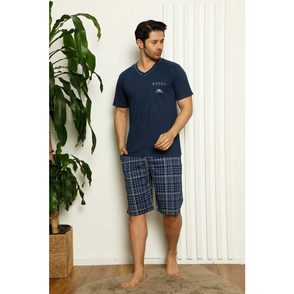 Farya Home Dreamy Ekoseli Kısa Kollu V Yaka Cepli Kapri Bermuda Erkek Pijama Takımı