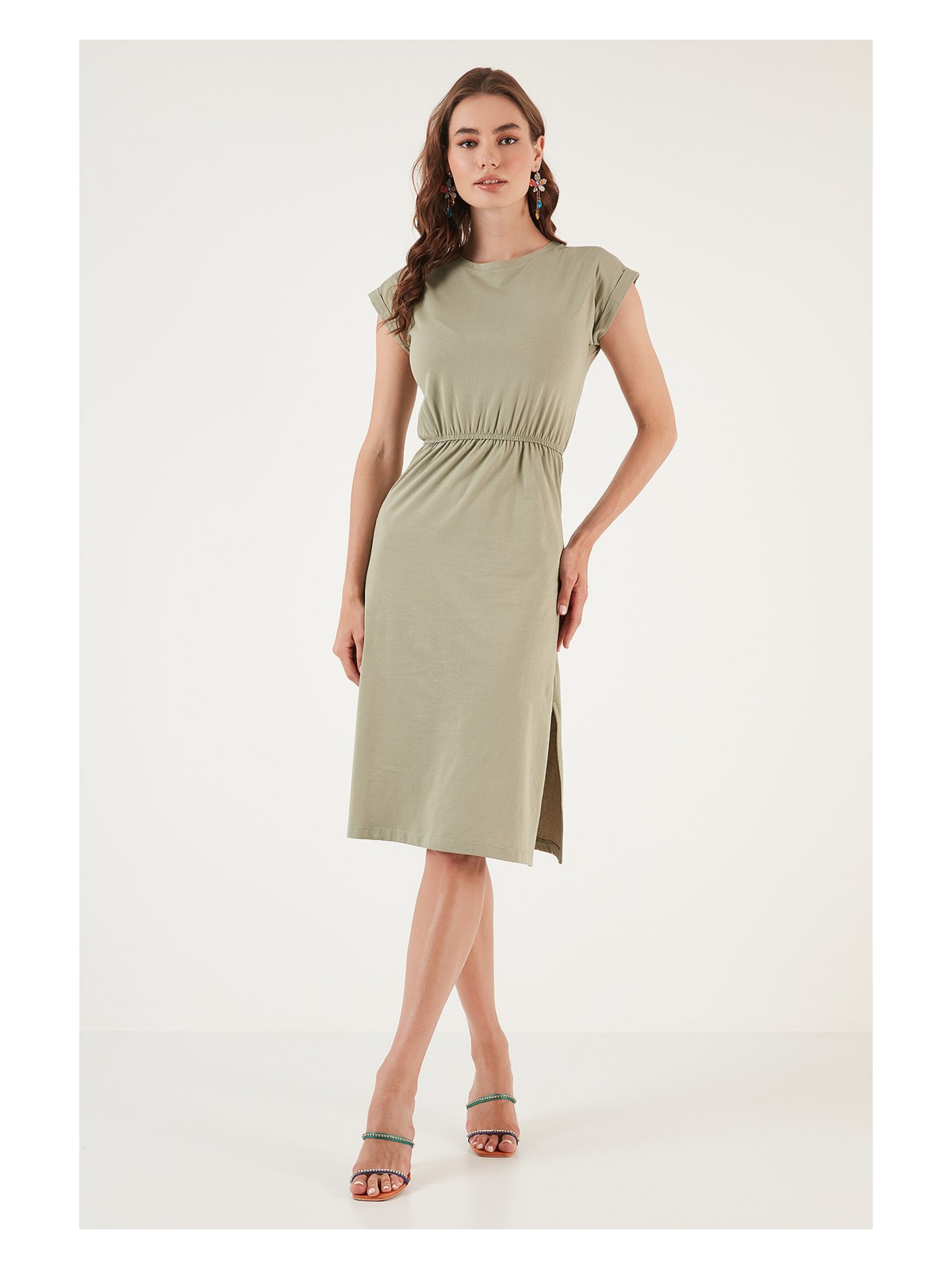 Lela Pamuklu Kısa Kollu Çift Yırtmaçlı Midi Elbise Bayan Elbise 5864205 - Görsel 10