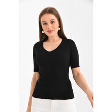 Parkkaron Kadın V Yaka Siyah Triko