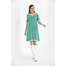 Parkkaron Kadın Gömlek Yaka Fuşya Renk Çizgili Diz Boy Elbise