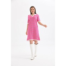Parkkaron Kadın Gömlek Yaka Fuşya Renk Çizgili Elbise