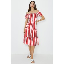 Select Moda Kadın Carmen Yaka Düğme ve Gipe Detaylı Astarlı Elbise