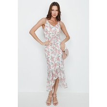 Select Moda Kadın Çiçekli Yırtmaç Detaylı Şifon Elbise