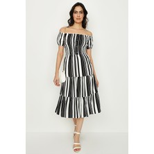 Select Moda Kadın Carmen Yaka Düğme ve Gipe Detaylı Astarlı Elbise