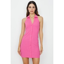 Select Moda Kadın Vücuda Oturan Polo Yaka Mini Fitilli Esnek Örme Elbise