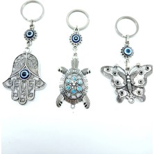 Helis Nazar Boncuğu Anahtarlık Metal Kelebek+Kaplumbağa+Hamse Eli Üçlü Hediyelik Seti