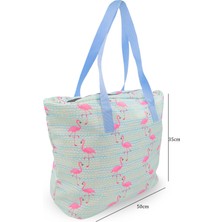 Rupva Unisex Kadın 2 Cepli Baskılı Flamingo Desenli Günlük Fermuarlı Omuz Kol Plaj Çantası Turkuaz