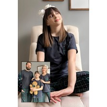 Pijama Evi Lacivert Cep Kısa Kol Anne Kız Aile Pijaması - Çocuk Takımı