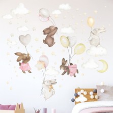 Kt Grup Balonlu Tavşanlar Bulutlar ve 100 Adet Yıldız Sulu Boya Çocuk Odası Duvar Sticker Seti