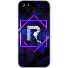 Gramaphone Apple iPhone 5s Kılıf Hd Desen Baskılı Arka Kapak + Esnek Nano Cam - Dark Neon Yaprak R Harfi