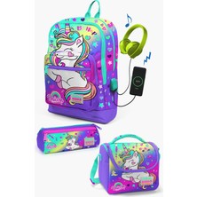 Coral High Kids Lavanta Su Yeşili Unicorn Desenli Usb'li 3’lü Okul Çanta Seti SET0123829