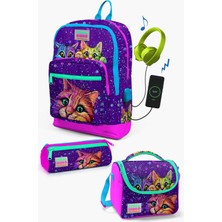 Coral High Kids Mor Pembe Kedi Desenli Usb'li 3’lü Okul Çanta Seti SET0123832