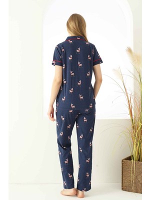 Farya Home Dreamy Pamuklu Biyeli Ceylan Desenli Kısa Kollu Gömlek Pijama Takımı