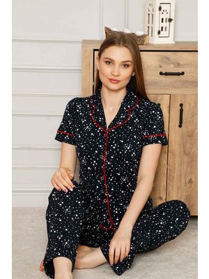 Farya Home Dreamy Pamuklu Yıldız Desenli Biyeli Kısa Kollu Gömlek Pijama Takımı