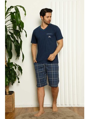 Farya Home Dreamy Ekoseli Kısa Kollu V Yaka Cepli Kapri Bermuda Erkek Pijama Takımı