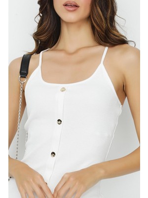 Select Moda Kadın Düğme Detaylı Vücuda Oturan Fitilli Midi Örme Elbise