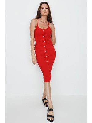 Select Moda Kadın Düğme Detaylı Vücuda Oturan Fitilli Midi Örme Elbise