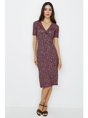 Select Moda Kadın Desenli V Yaka Örme Midi Elbise