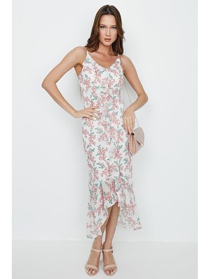 Select Moda Kadın Çiçekli Yırtmaç Detaylı Şifon Elbise