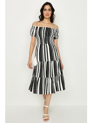 Select Moda Kadın Carmen Yaka Düğme ve Gipe Detaylı Astarlı Elbise