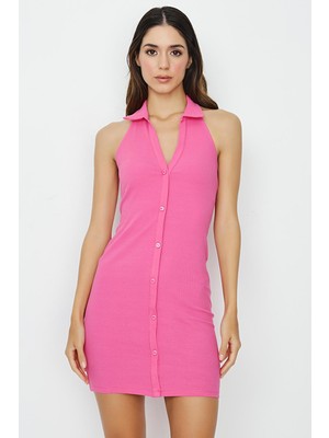 Select Moda Kadın Vücuda Oturan Polo Yaka Mini Fitilli Esnek Örme Elbise