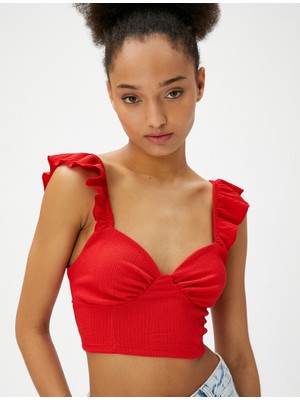 Koton Crop Üst Fırfırlı Kalp Yaka Dokulu Askılı