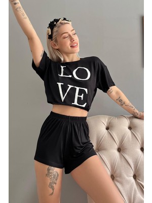 Pijama Evi Love Baskılı Crop Örme Kısa Kollu Şortlu Pijama Takımı