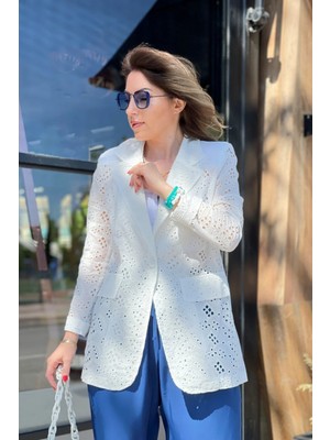 Cng Moda Beyaz Brode Desenli Ceket