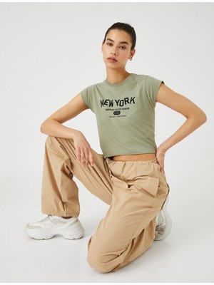Koton Crop Tişört New York Baskılı Bisiklet Yaka Pamuklu