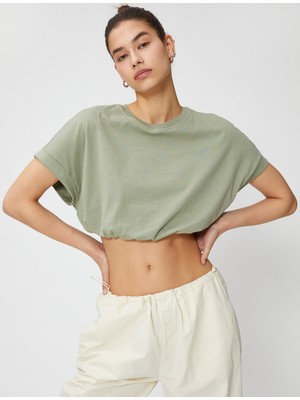 Koton Crop Tişört Bisiklet Yaka Kısa Kollu Beli Lastikli