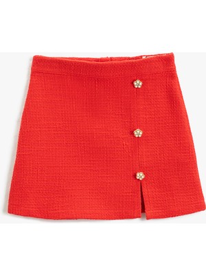 Koton Tüvit Mini Etek Yırtmaç ve Dekoratif Düğme Detaylı