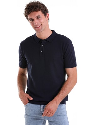 Saykı Lacivert Regular Fit Düz Pamuklu Polo Yaka Triko Tişört