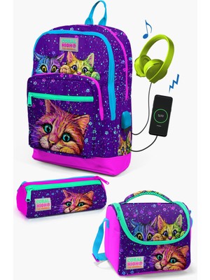 Coral High Kids Mor Pembe Kedi Desenli Usb'li 3’lü Okul Çanta Seti SET0123832