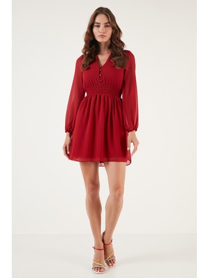 Lela V Yaka Gipeli Düğme Detaylı Şifon Mini Elbise Bayan Elbise 611EL01433