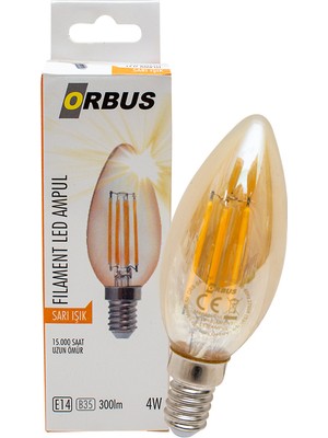 ORBUS ORB-BA3 FILAMENT BULB B35 E14 4 WATT E14 300 LÜMEN AMBER SARI LED AMPÜL