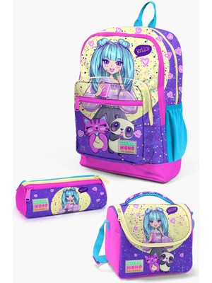 Coral High Mor Pembe Anime Kız Desenli 3’lü Okul Çanta Seti 14.4 Litre Kapasite ile Kızlar İçin