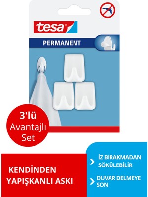 Tesa Permanent Askı Plastik Küçük Dikd. Beyaz 3 Adet x 3 Paket (Toplam 6 Askı)