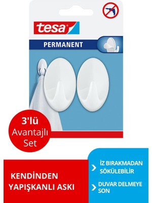 Tesa Permanent Askı Plastik Büyük Oval Beyaz 2 Adet x 3 Paket (Toplam 6 Askı)