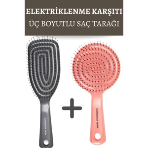 2 Adet Set Pro Üç Boyutlu Saç Fırçası Tarak 2 Tasarım Birarada Hareketli Kanallar