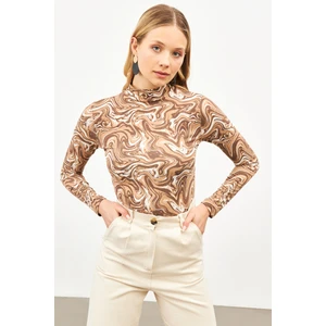 Yarım Balıkçı Yaka Açık Kahve Ebru Desenli Body