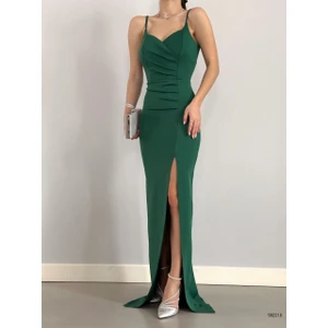 Kadın Scuba Kumaş Yırtmaçlı Askılı Abiye Elbise (Renk Seçenekli)