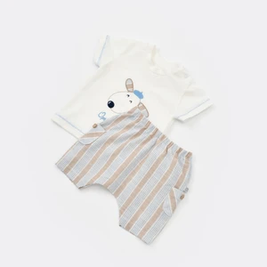 2li Takım Şortlu Stripe Sytle Bej - Mavi