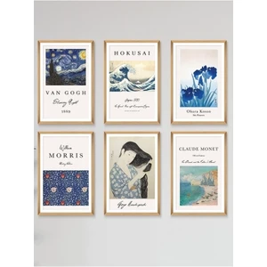 Wooden Factory 6 Parça Ahşap Çerçeve Görünümlü Dekoratif Hediyelik Mdf Tablo, Van Gogh, Hokusai, Morris Gibi..